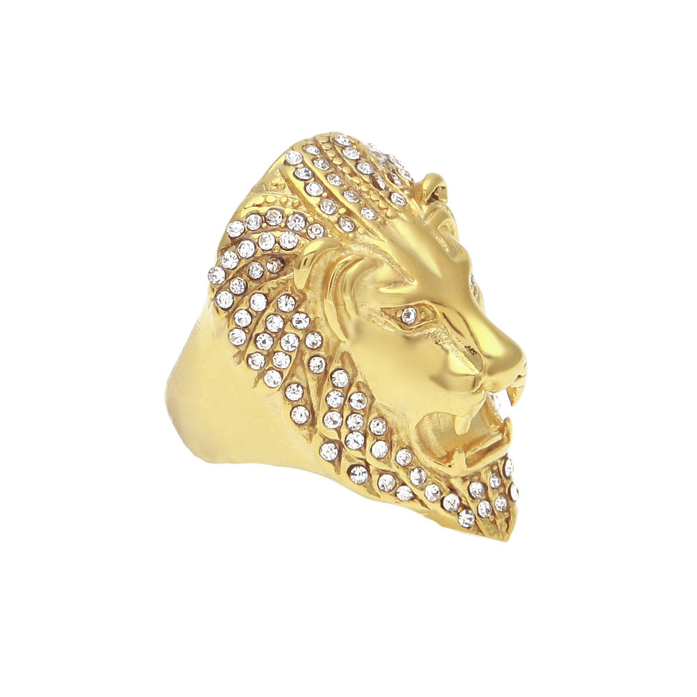 Domineering Retro 18k Gold-plated Diamond Lion Head King Oversized Ring Male Trend