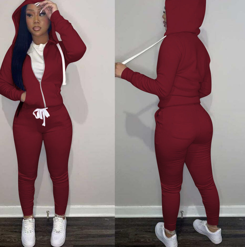 Women's Solid Color Slim-fit Hood Sweatshirt Drawstring Two-piece Set