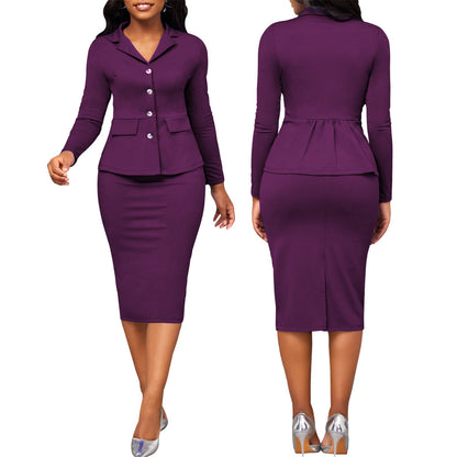 Fashion Solid Color Long-sleeved White Collar Women's Two-piece Suit