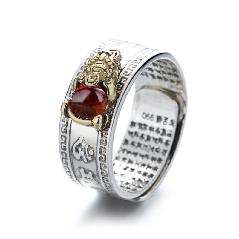 Auspicious Cloud Pattern Pixiu Ring Male Transfer Garnet Retro Fashion Pigeon Blood