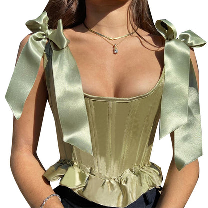 Fishbone Waist Bow Shoulder Strap Ruffled Top