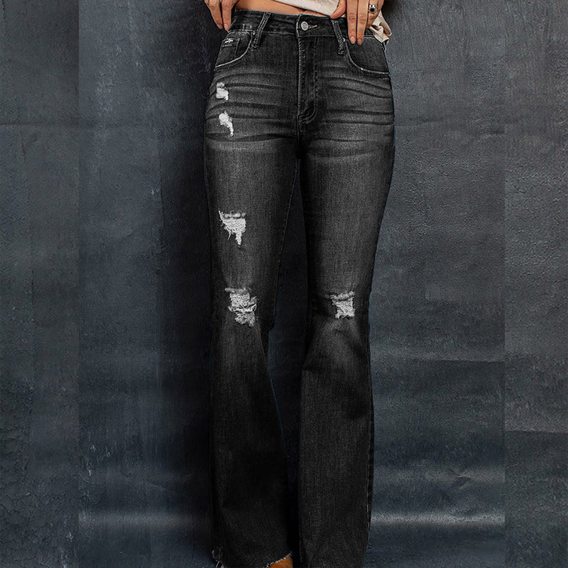 European And American High Waist Slim Denim Washed And Frayed Wide Leg Pants Trousers