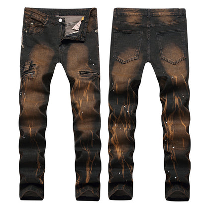 European And American High-street Fashion Men's Zippered Torn Jeans