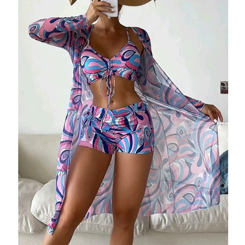 Swimsuit Female Split Three-piece Set High Waist Long Sleeve Smock Drawstring Suit