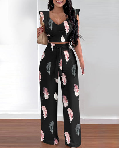 Monsoon Temperament Women's Printed Polyester Trousers Sleeveless Fashion Casual Set