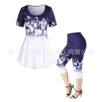 Women's Two-piece Set Summer Fashion Casual Short-sleeved Printed Top Pants