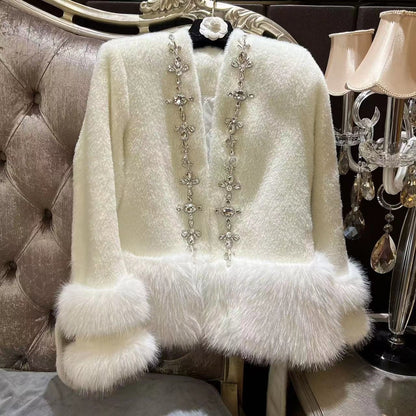 Ladies Thickened Beaded Fox Fur Cardigan Coat