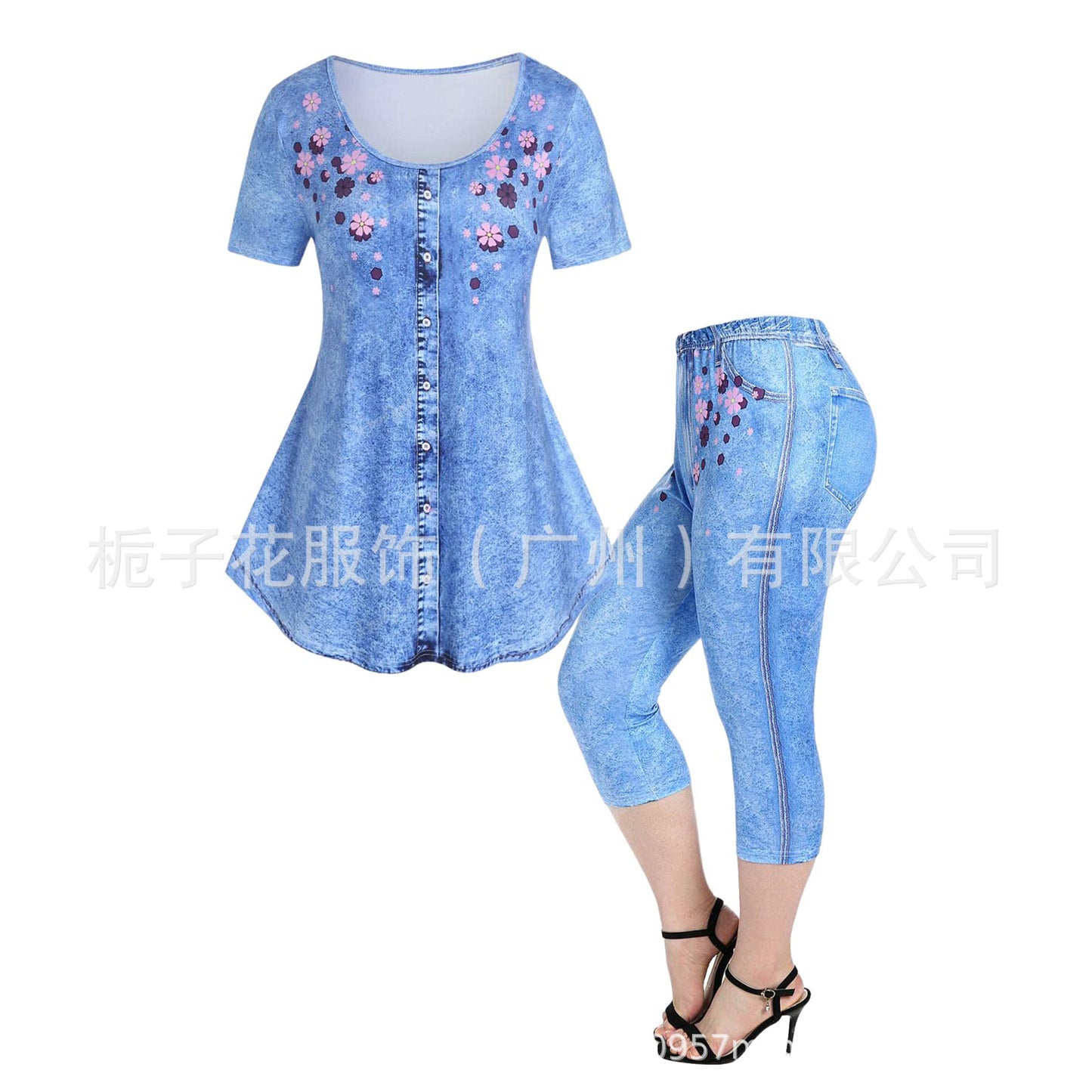 Women's Two-piece Set Summer Fashion Casual Short-sleeved Printed Top Pants