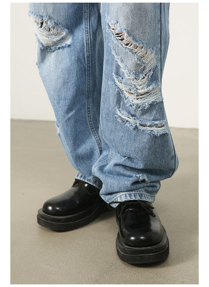 Washed Blue With Holes Straight Jeans For Men