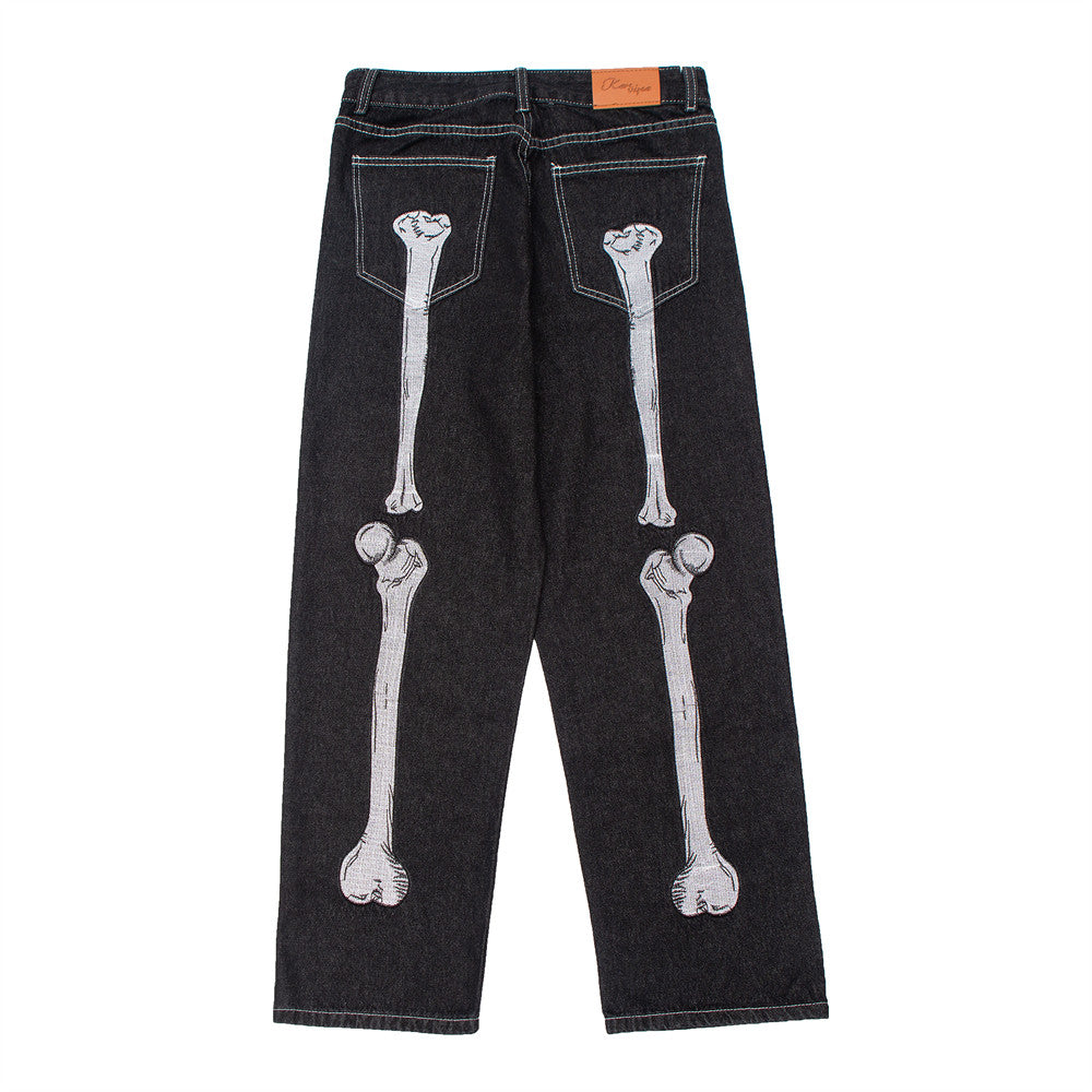 Men's Dark Skeleton Embroidery Jeans