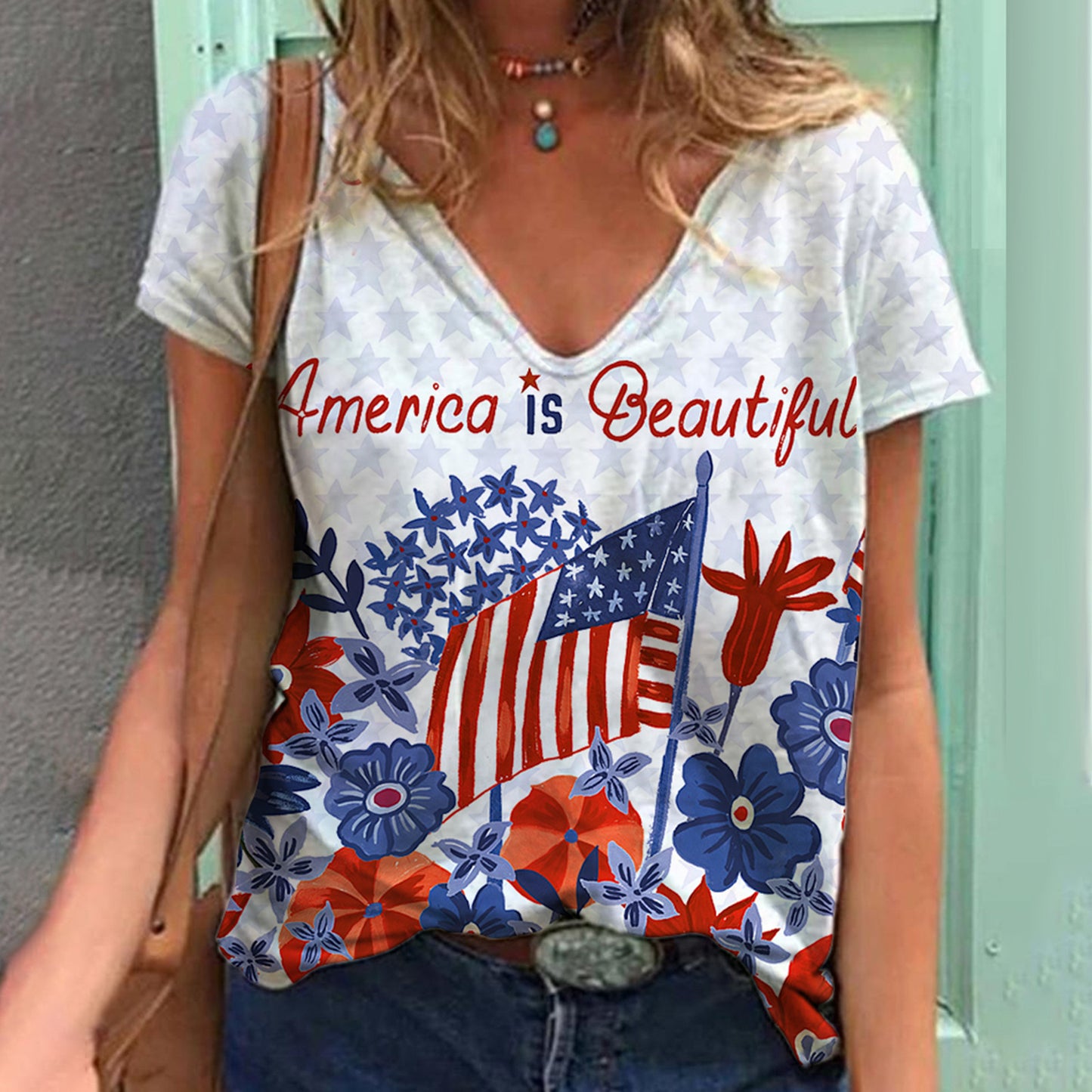 Printed V-neck Women's Short Sleeve Summer