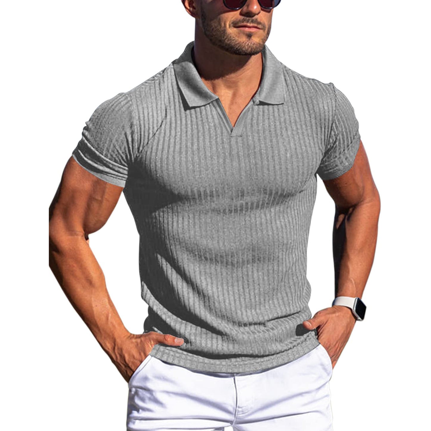 Polo Shirt Lapel V-neck Vertical Striped Short Sleeve Men's T-shirt