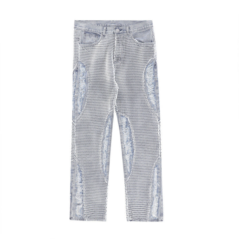 Mesh Panel Ripped Fleece Vintage Jeans