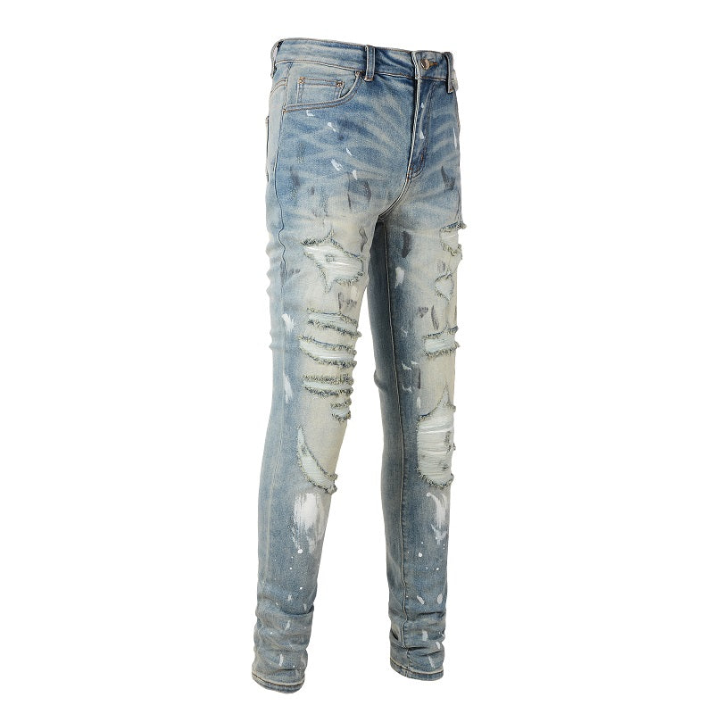 Men's Jeans Slim Slim Feet With Holes Pasted Cloth Casual Trouser