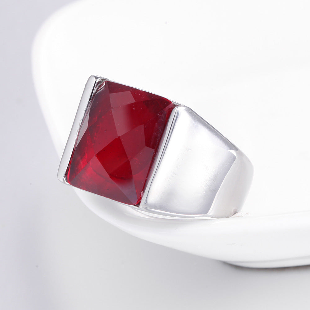 Stainless Steel  Male Retro Garnet Red Creative Ring