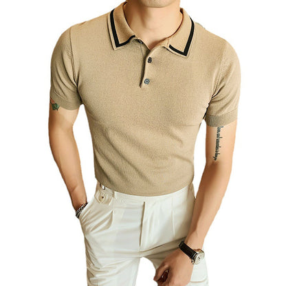 New Solid Color Lapel Knitted Men's Pullover Short Sleeve Polo Shirt