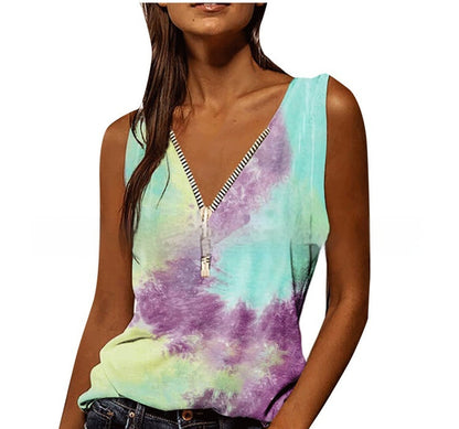 Women's V-neck Zipper Pullover Print Vest