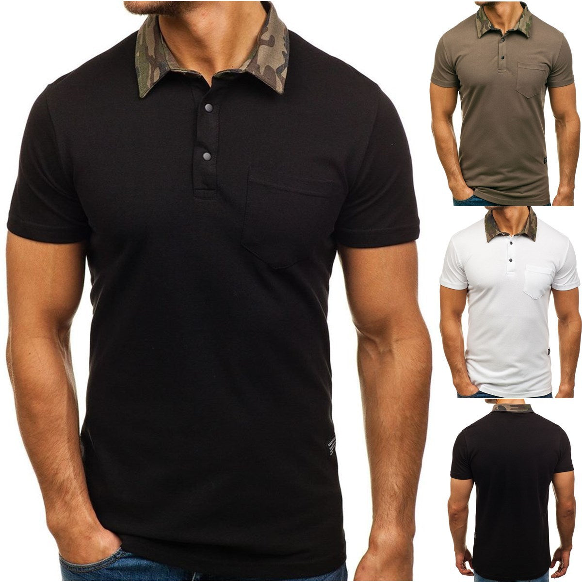 Men's Solid Color POLO Shirt Camouflage Lapel Casual Short-Sleeved Slim T-Shirt Men