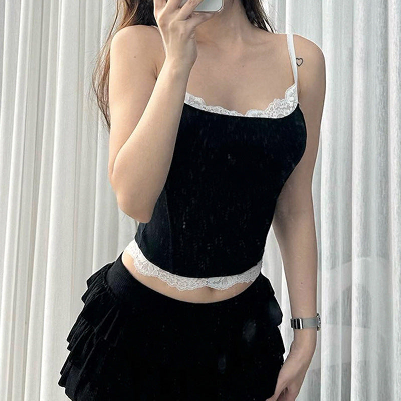 Contrast Color Lace Hot Girl Knitted Fashion Design Sense Bottoming Small Slip Top Women