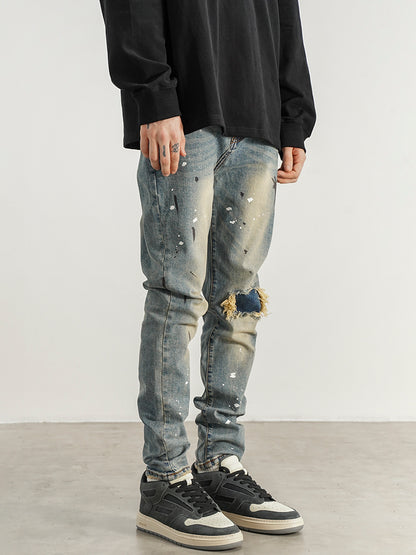 Slim-fit Slim-fit Jeans With Splashed Ink And Ripped Patches