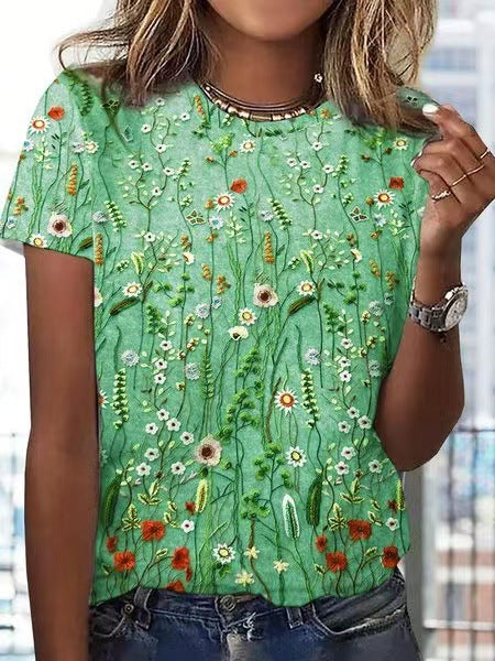 European And American Loose Round Neck Short Sleeve Floral Printed T-shirt