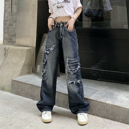 High Street Vintage Jeans Women's Summer Washed Worn Harajuku Straight Drooping Wide Leg Pants