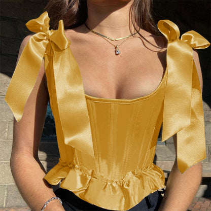 Fishbone Waist Bow Shoulder Strap Ruffled Top