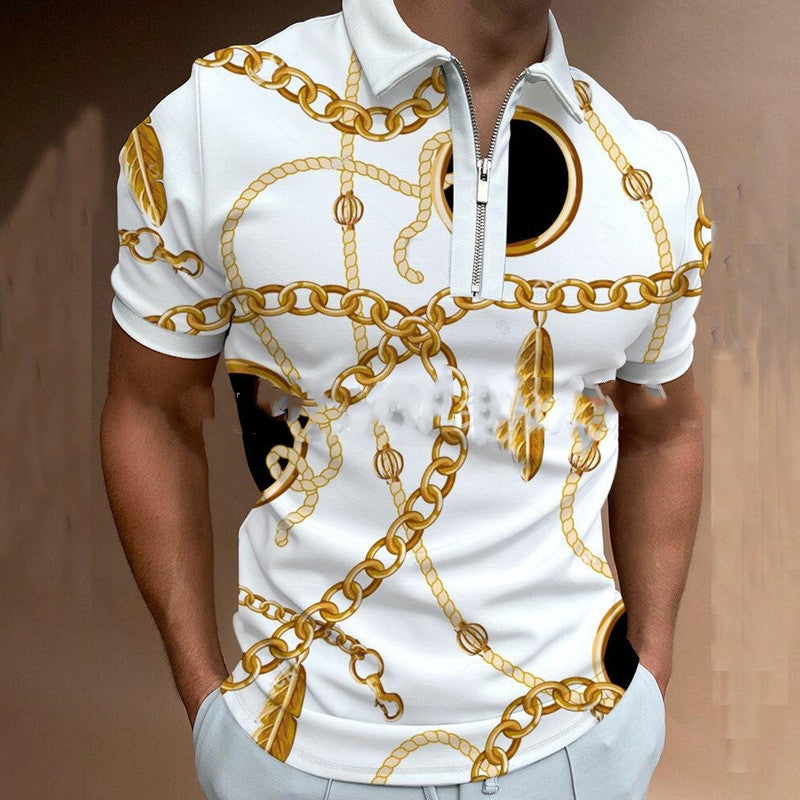 Chain Print Polo Shirt Casual Short-sleeved Men's T-shirt Top