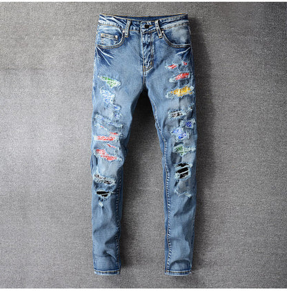 European And American High Street Men's Trend Slim Elastic Knee Ripped Leather Jeans