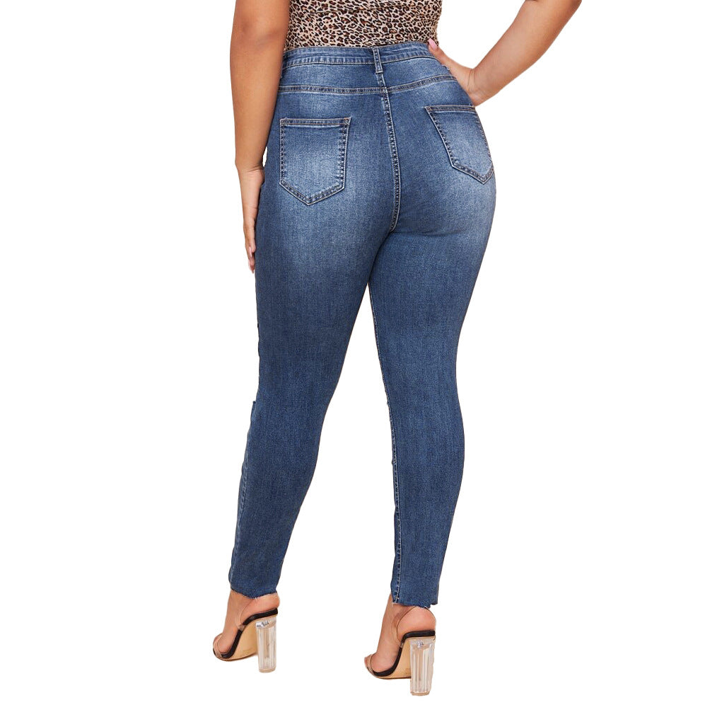 Washed Ripped Fat MM Slim Plus Size Pencil Pants