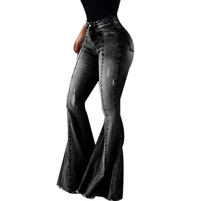 Elastic High Waist Ripped Denim Bell-bottom Pants Women