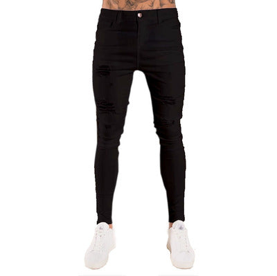 Ripped European And American Black Slim High Waist Jeans Men's