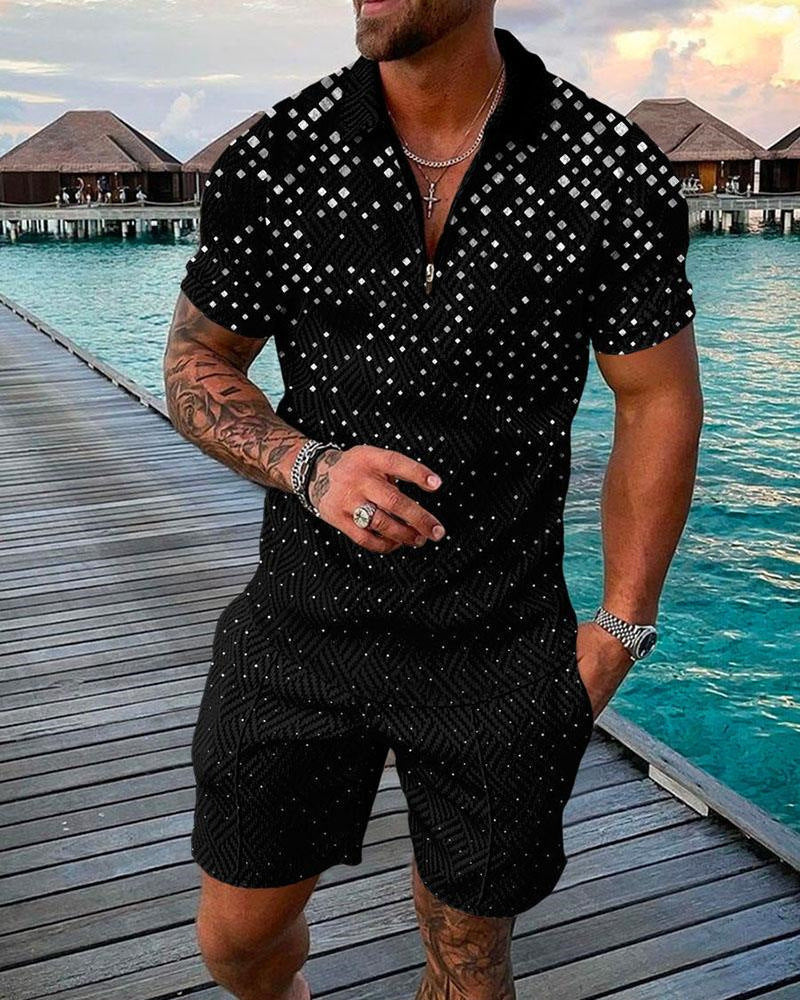 Fashion Zipper Polo Shirt Suit Men's Casual 3D Printed Shorts