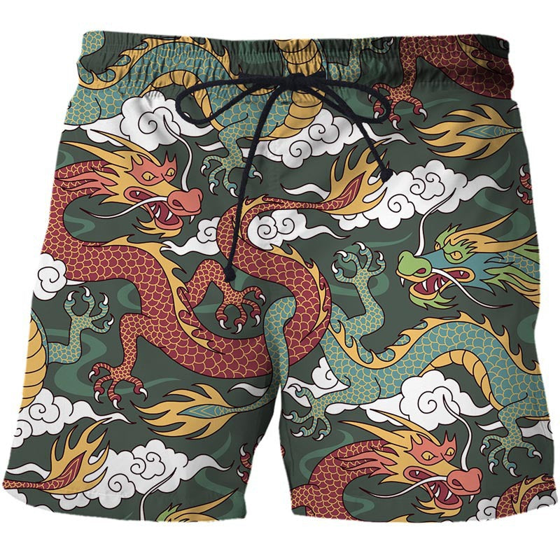 Chinese Style Shorts Dragon And Phoenix Pattern 3D Printing Loose Fifth Pants Creative Breathable Casual Pants