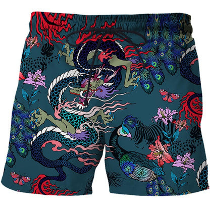 Chinese Style Shorts Dragon And Phoenix Pattern 3D Printing Loose Fifth Pants Creative Breathable Casual Pants