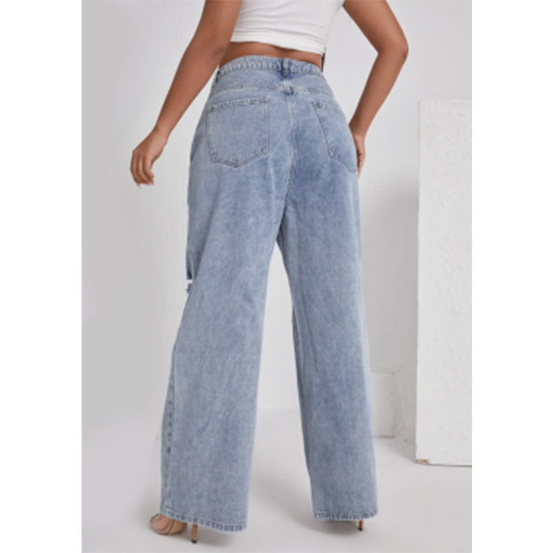 Women's Denim With Hole High Waist Straight-leg Pants