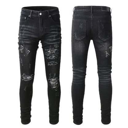 Black Cashew Flower Printed Patch Torn Jeans For Men