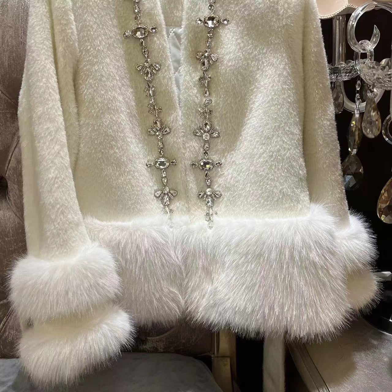 Ladies Thickened Beaded Fox Fur Cardigan Coat