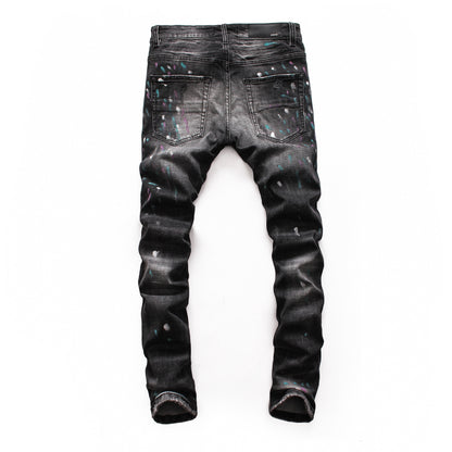 Men's Ripped Patch Jeans Youth Slim Pants Biker Pants Inkjet Personality