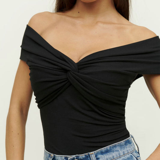 Summer Solid Color And V-neck Knitted Off-shoulder Slim-fit Crop-top