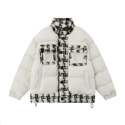 Lambswool Stitching Color-contrast Check Cotton Coat Jacket