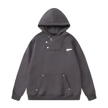 Metal Buckle Thickened Hooded Sweatshirt Men's Ins Casual Solid Color Pullover Hoodie