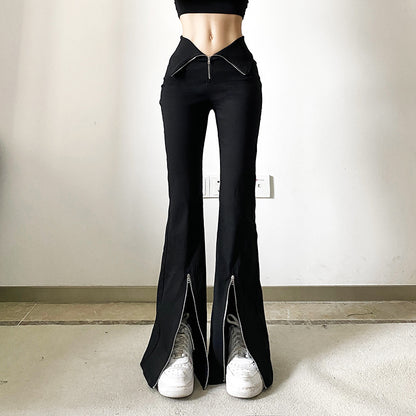 Niche Designer Black V-shaped Flanging Zipper Bootcut Trousers Slimming High Waist Slit Casual Trousers