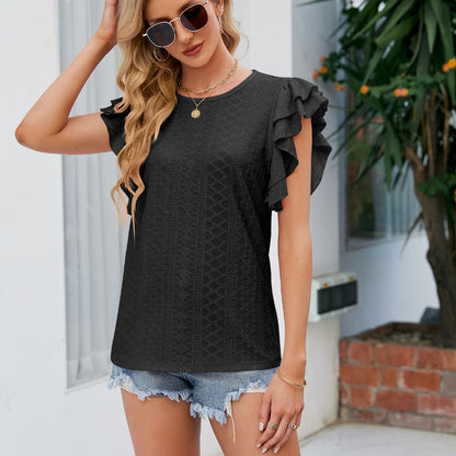 Round Neck Double Layer Ruffle Sleeve Hollow Short Sleeve