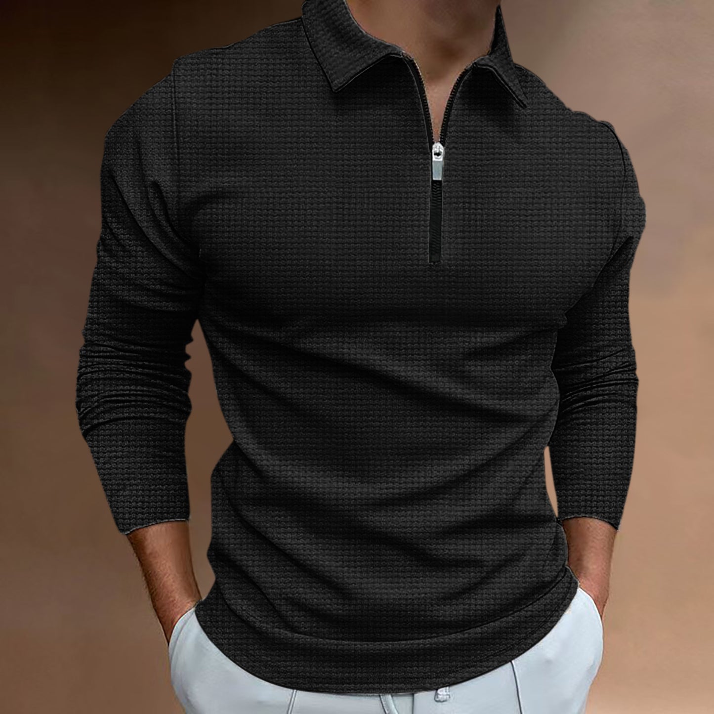 European And American Autumn New Waffle Long-sleeve Zipper Polo Shirt Men's T-shirt Top