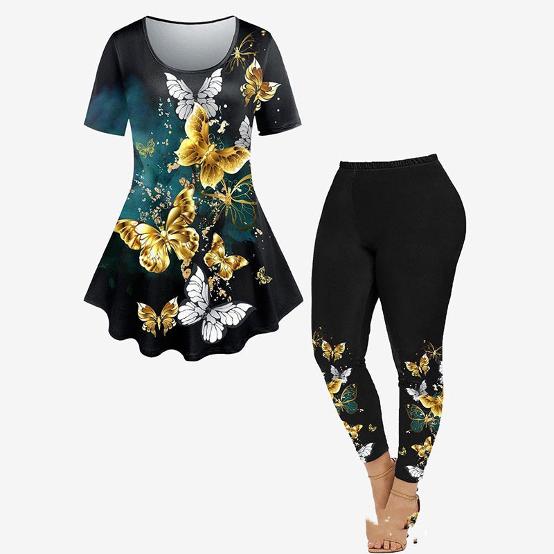 Women's Two-piece Set Summer Fashion Casual Short-sleeved Printed Top Pants