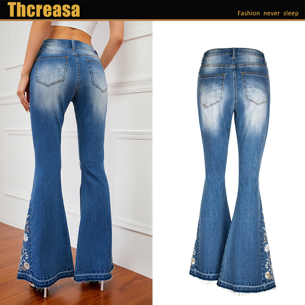 European And American Heavy Industry 3D Embroidery Women's Jeans