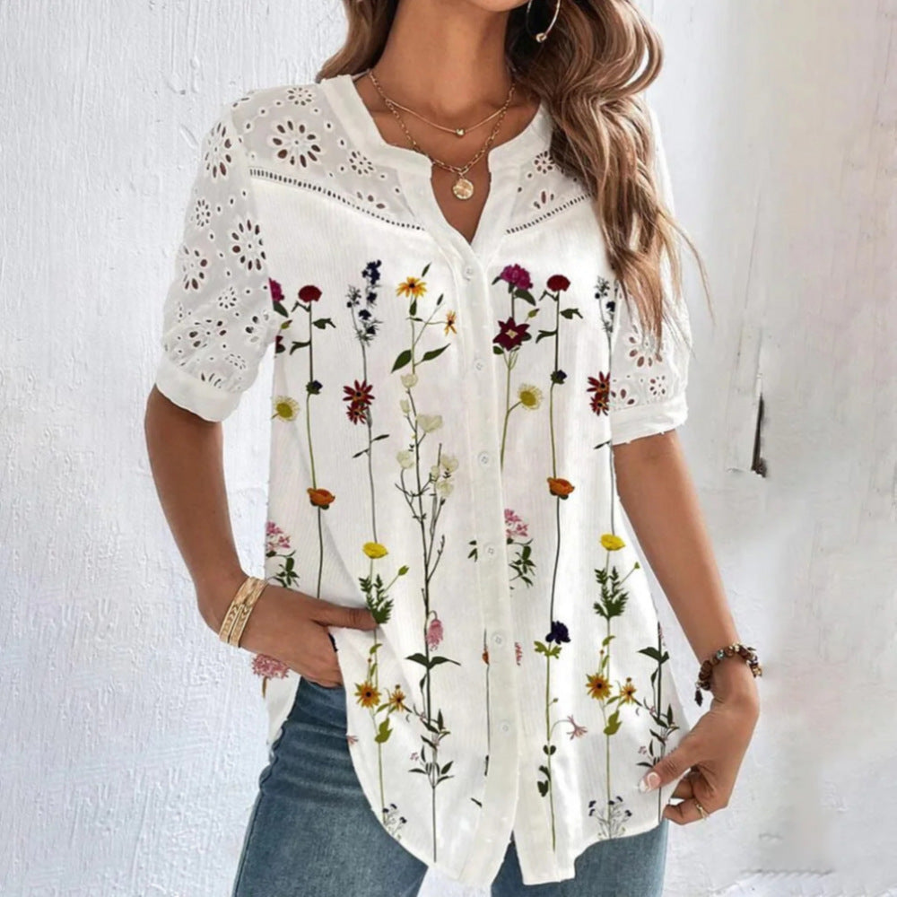 Fashion Breasted Lapel Short-sleeved Shirt Women's Top