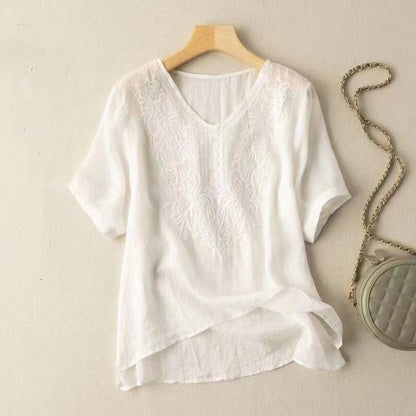 Women's Cotton Loose Embroidered Short-sleeved T-shirt Summer