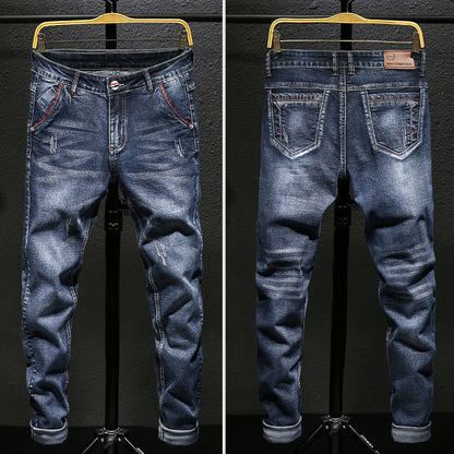 Autumn And Winter Men's Jeans Casual Fleece-lined Thickened Elastic Youth Slim Fit  Feet Pants